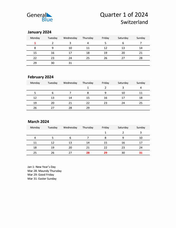 2024 Q1 Three-Month Calendar for Switzerland