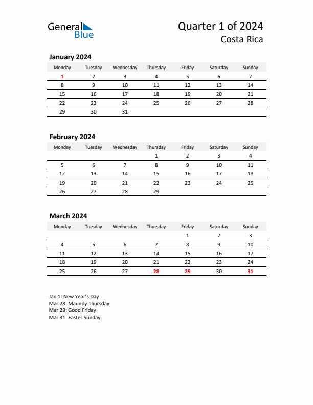 2024 Q1 Three-Month Calendar for Costa Rica