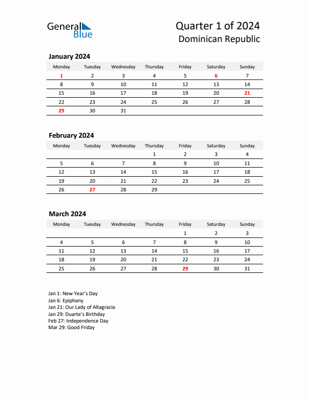 2024 Q1 Three-Month Calendar for Dominican Republic