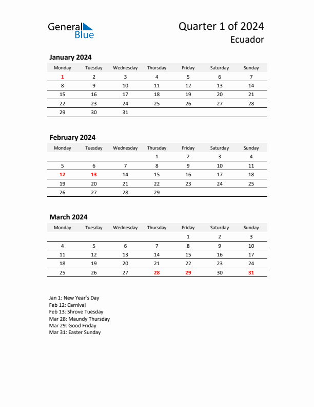 2024 Q1 Three-Month Calendar for Ecuador