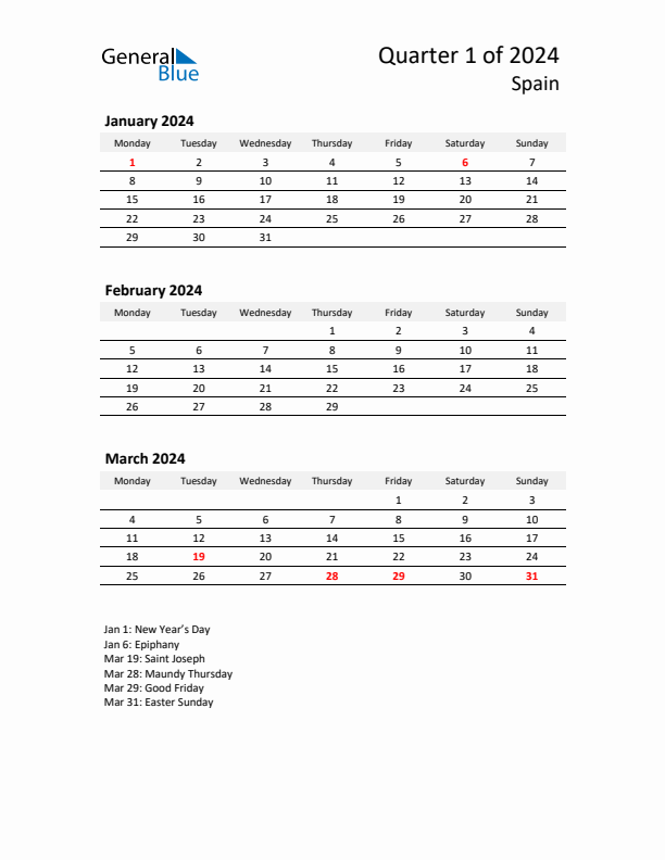 2024 Q1 Three-Month Calendar for Spain