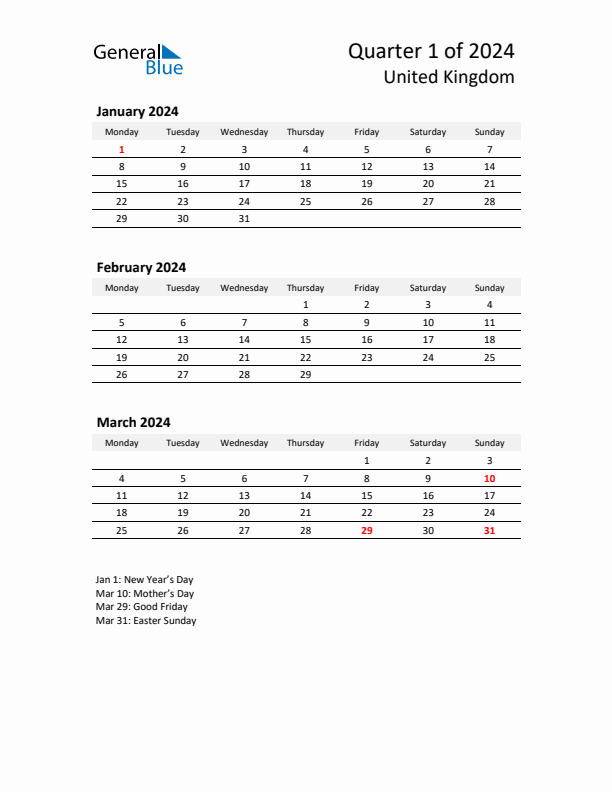 2024 Q1 Three-Month Calendar for United Kingdom