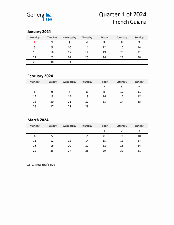 2024 Q1 Three-Month Calendar for French Guiana