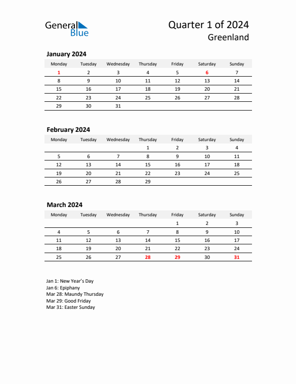 2024 Q1 Three-Month Calendar for Greenland