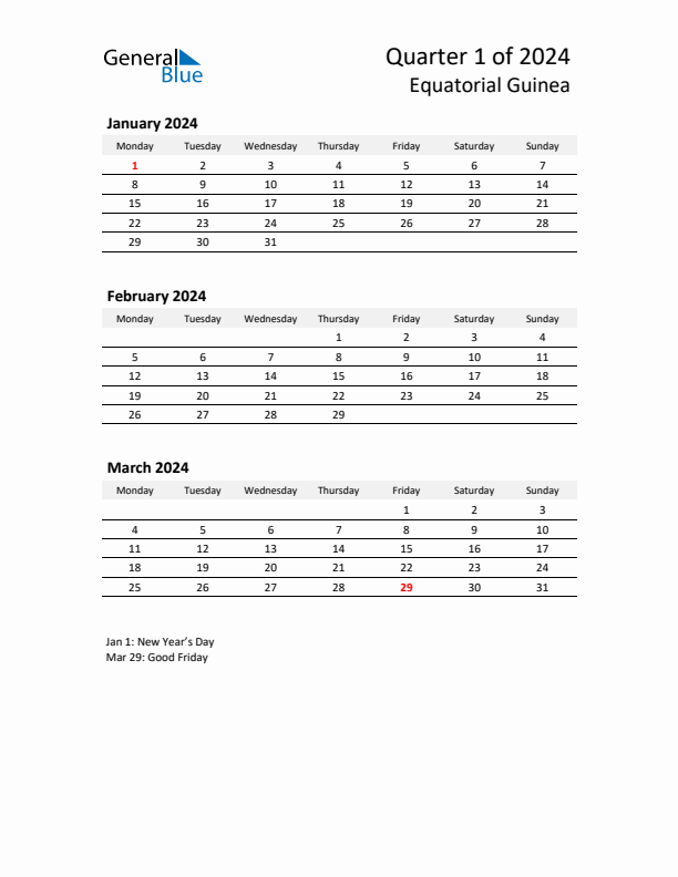 2024 Q1 Three-Month Calendar for Equatorial Guinea