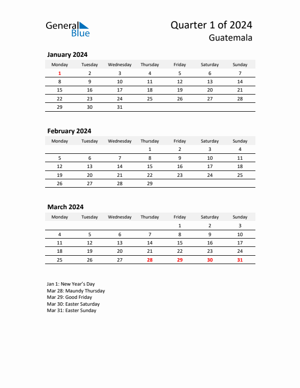 2024 Q1 Three-Month Calendar for Guatemala