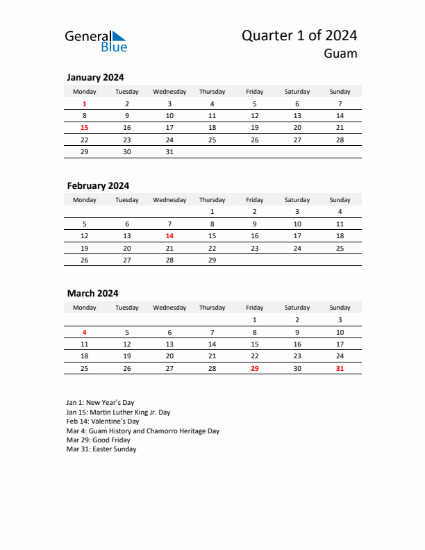 2024 Q1 Three-Month Calendar for Guam