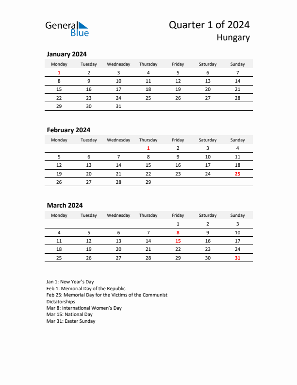 2024 Q1 Three-Month Calendar for Hungary