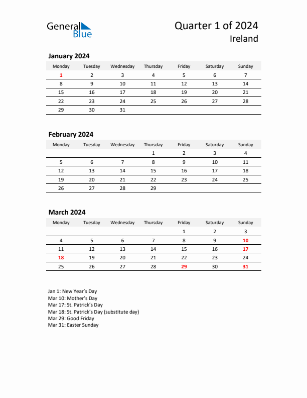 2024 Q1 Three-Month Calendar for Ireland