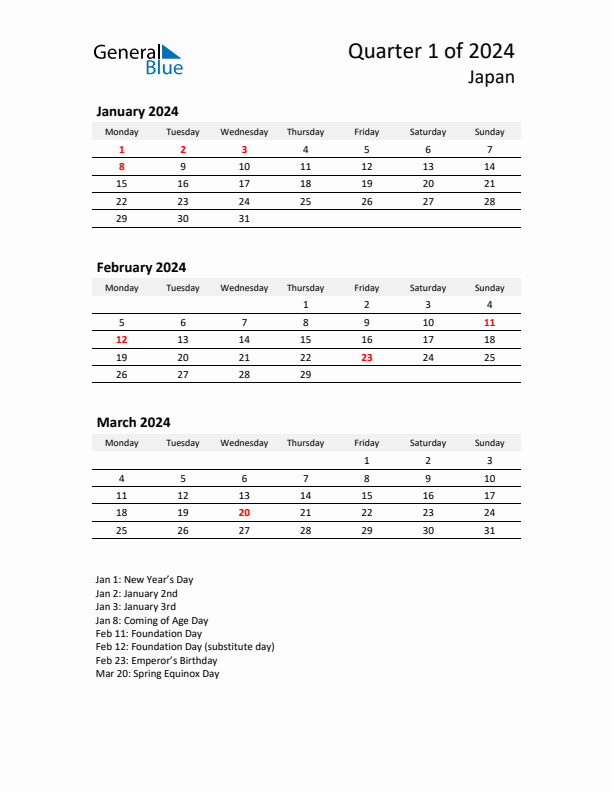 2024 Q1 Three-Month Calendar for Japan