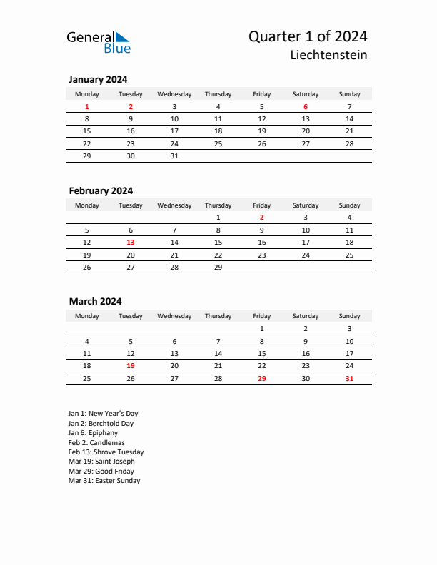 2024 Q1 Three-Month Calendar for Liechtenstein