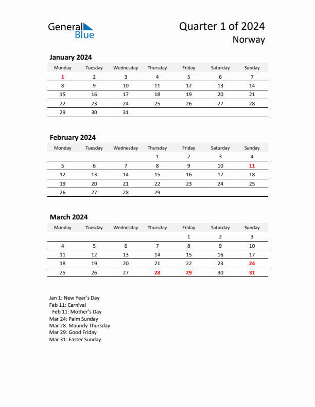 2024 Q1 Three-Month Calendar for Norway