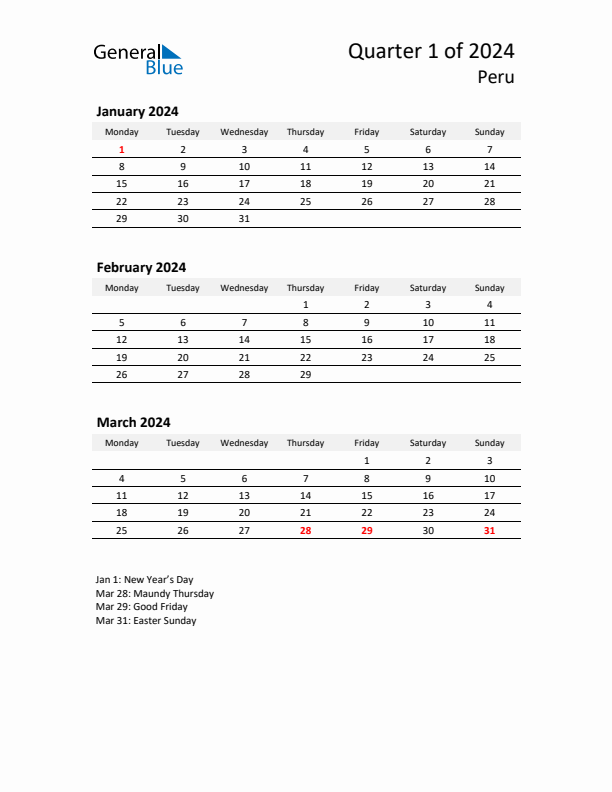 2024 Q1 Three-Month Calendar for Peru