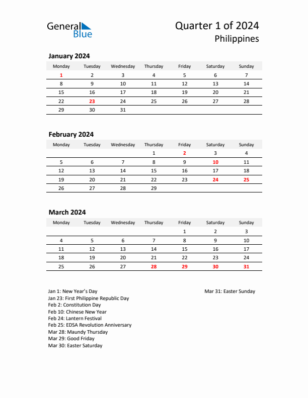 2024 Q1 Three-Month Calendar for Philippines