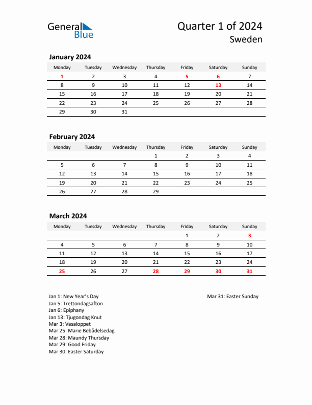 2024 Q1 Three-Month Calendar for Sweden