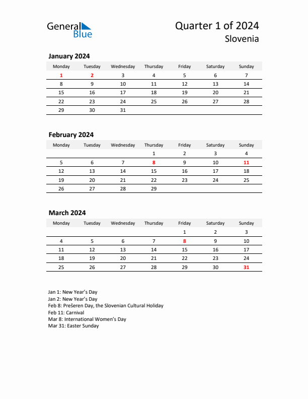 2024 Q1 Three-Month Calendar for Slovenia