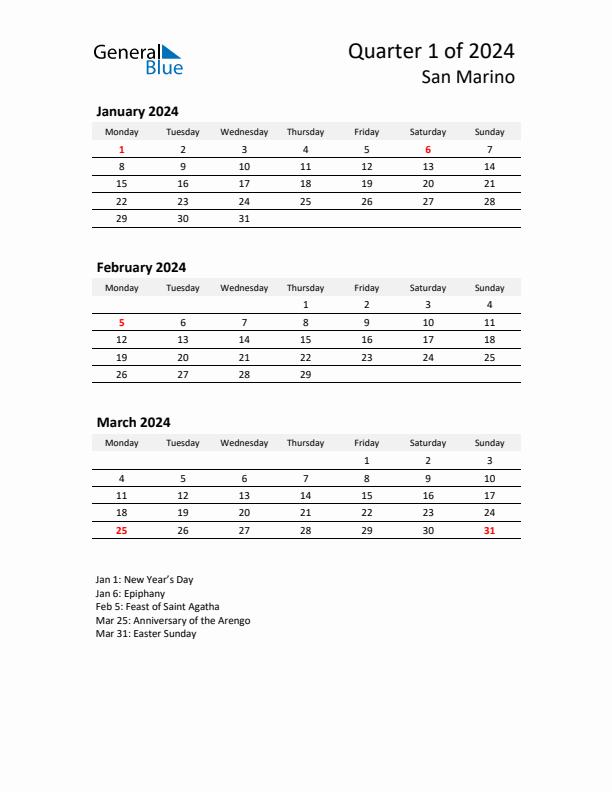 2024 Q1 Three-Month Calendar for San Marino