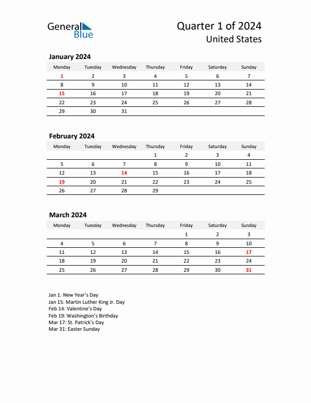 2024 Q1 Three-Month Calendar for United States