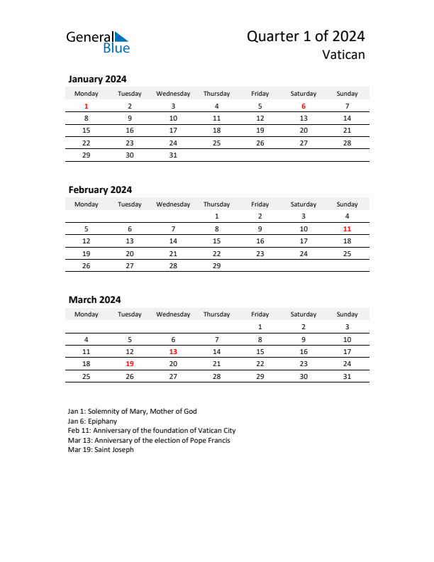 2024 Q1 Three-Month Calendar for Vatican