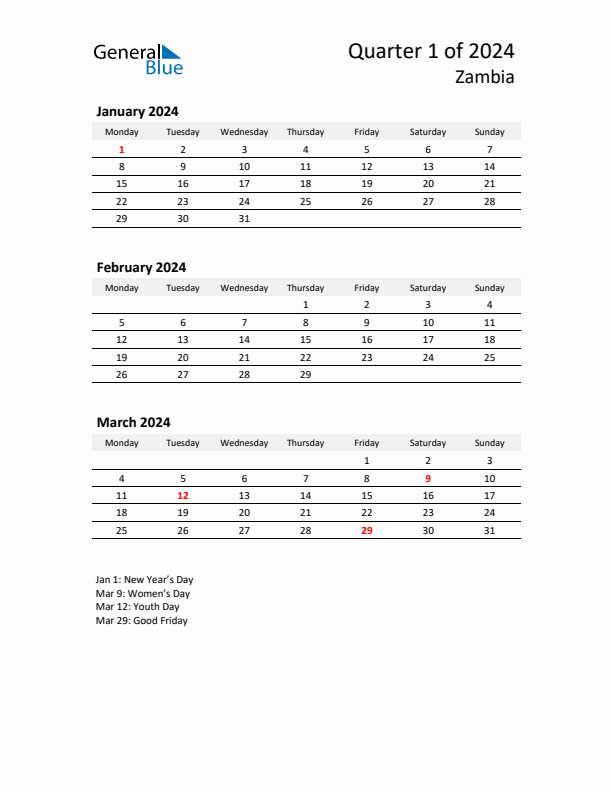 2024 Q1 Three-Month Calendar for Zambia