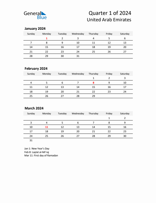 2024 Q1 Three-Month Calendar for United Arab Emirates