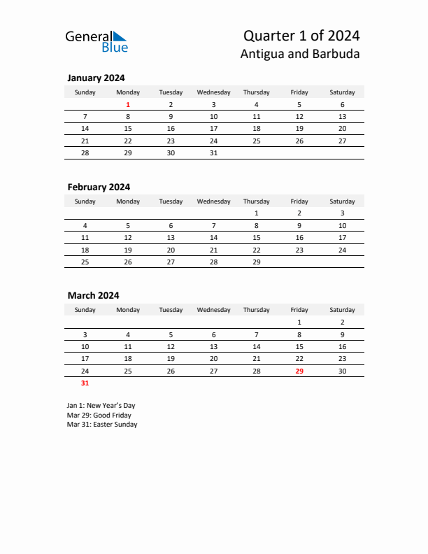 2024 Q1 Three-Month Calendar for Antigua and Barbuda