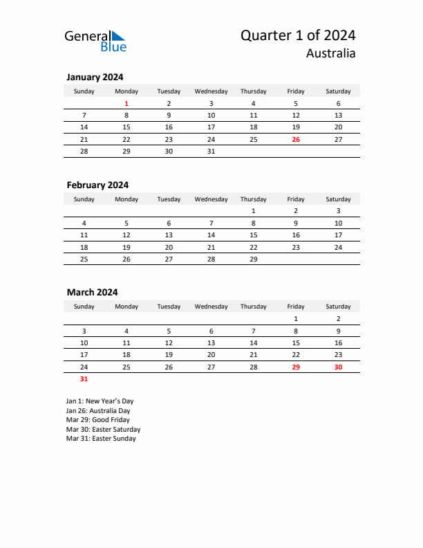 2024 Q1 Three-Month Calendar for Australia