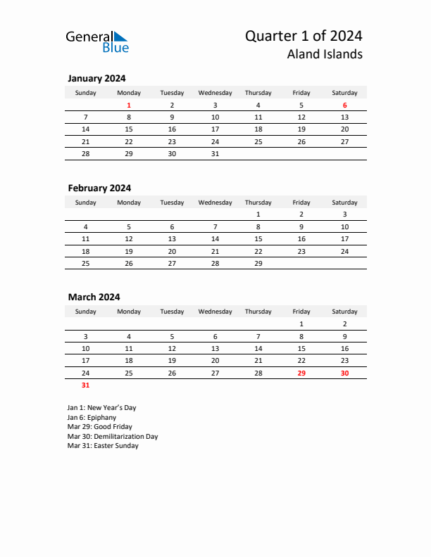 2024 Q1 Three-Month Calendar for Aland Islands