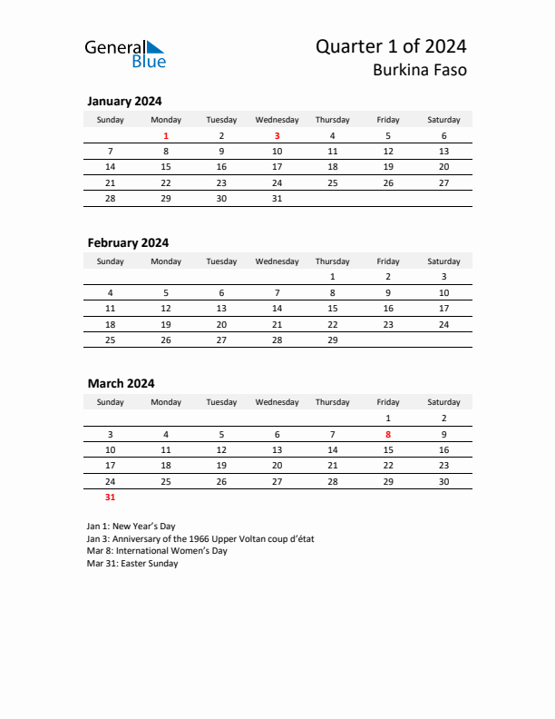 2024 Q1 Three-Month Calendar for Burkina Faso