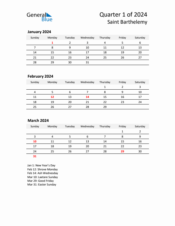 2024 Q1 Three-Month Calendar for Saint Barthelemy