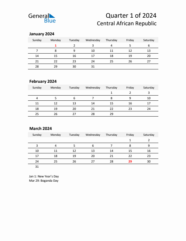 2024 Q1 Three-Month Calendar for Central African Republic