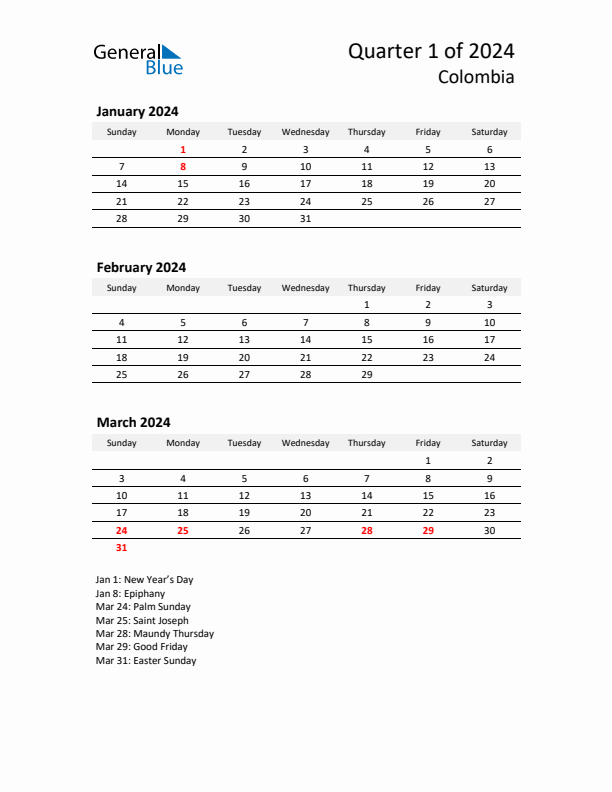 2024 Q1 Three-Month Calendar for Colombia