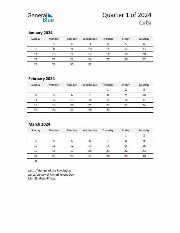 2024 Q1 Three-Month Calendar for Cuba