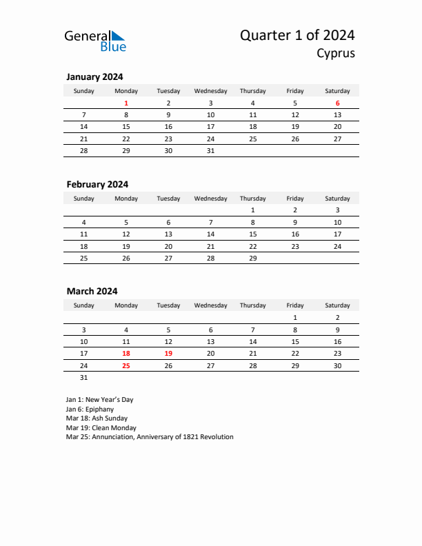 2024 Q1 Three-Month Calendar for Cyprus