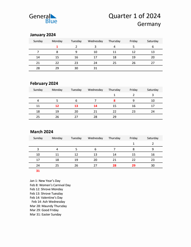 2024 Q1 Three-Month Calendar for Germany