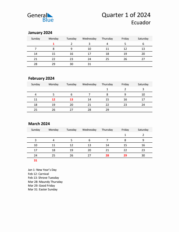 2024 Q1 Three-Month Calendar for Ecuador