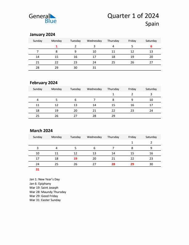 2024 Q1 Three-Month Calendar for Spain