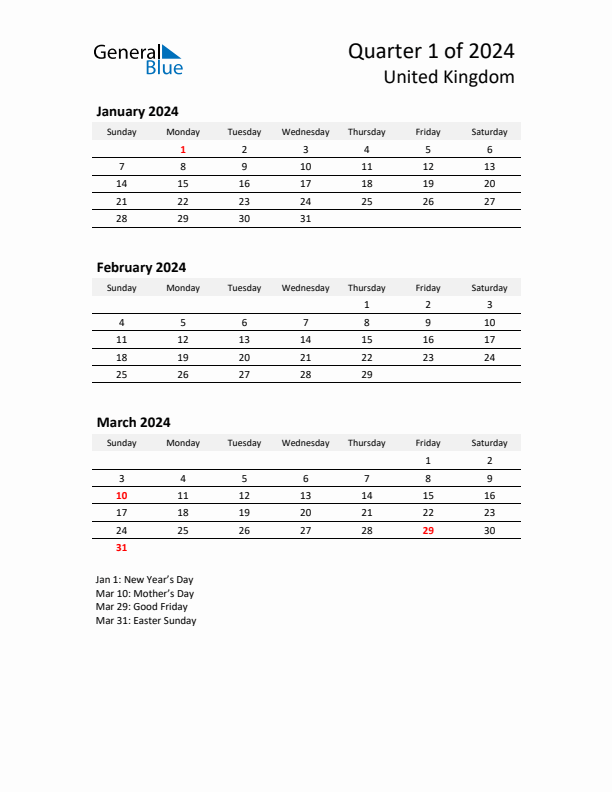 2024 Q1 Three-Month Calendar for United Kingdom