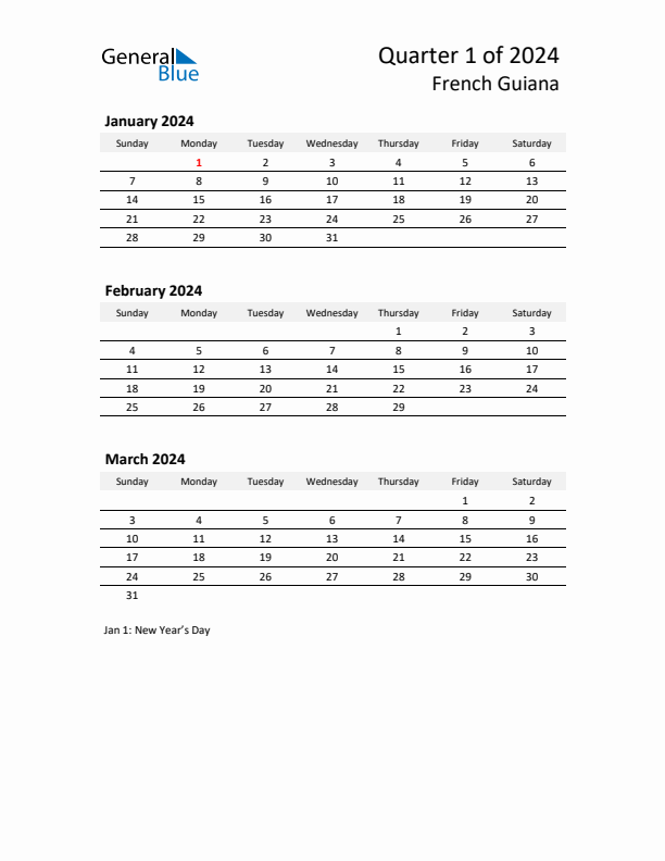 2024 Q1 Three-Month Calendar for French Guiana