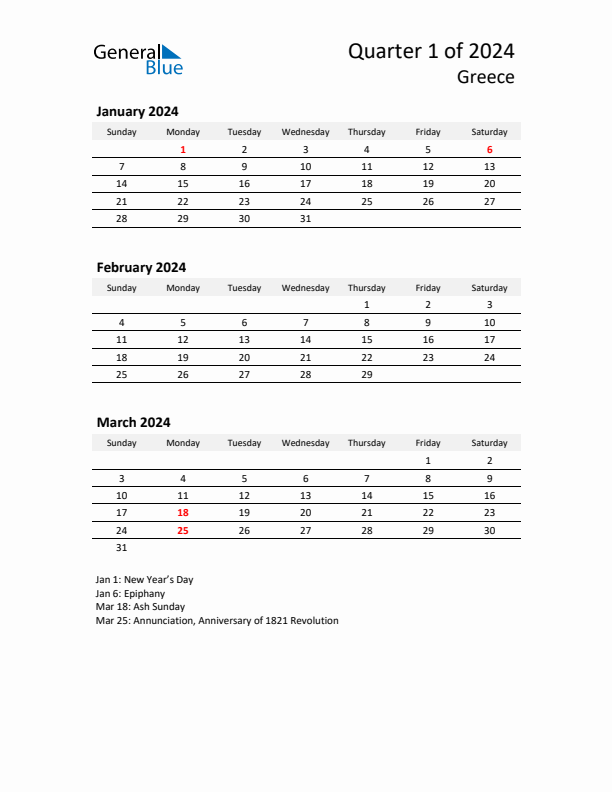 2024 Q1 Three-Month Calendar for Greece