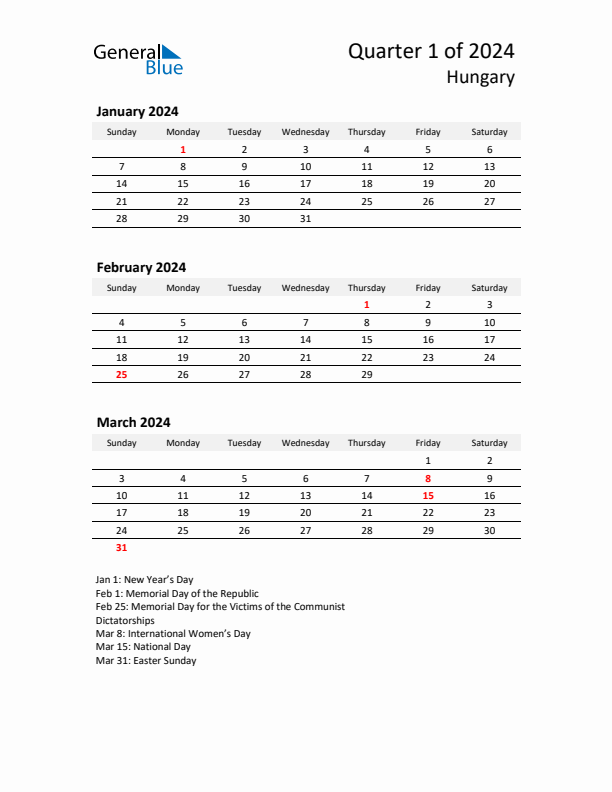 2024 Q1 Three-Month Calendar for Hungary