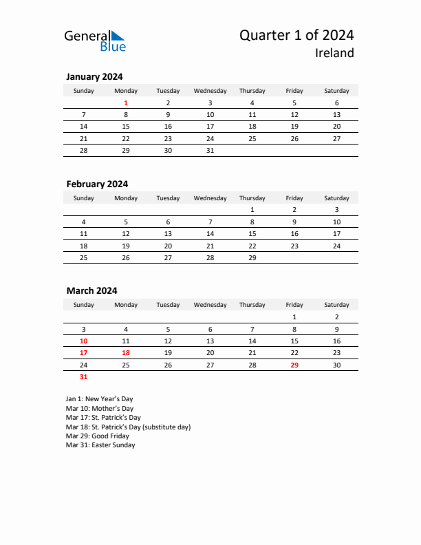 2024 Q1 Three-Month Calendar for Ireland