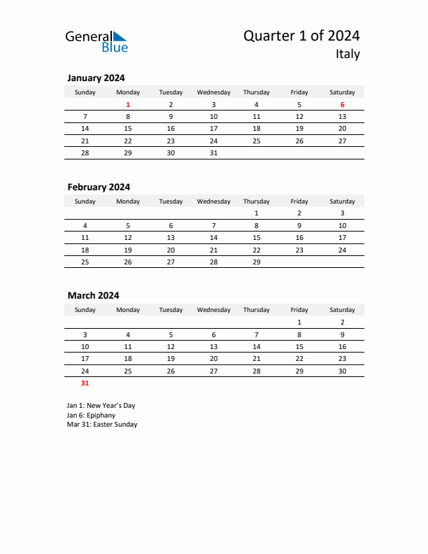 2024 Q1 Three-Month Calendar for Italy