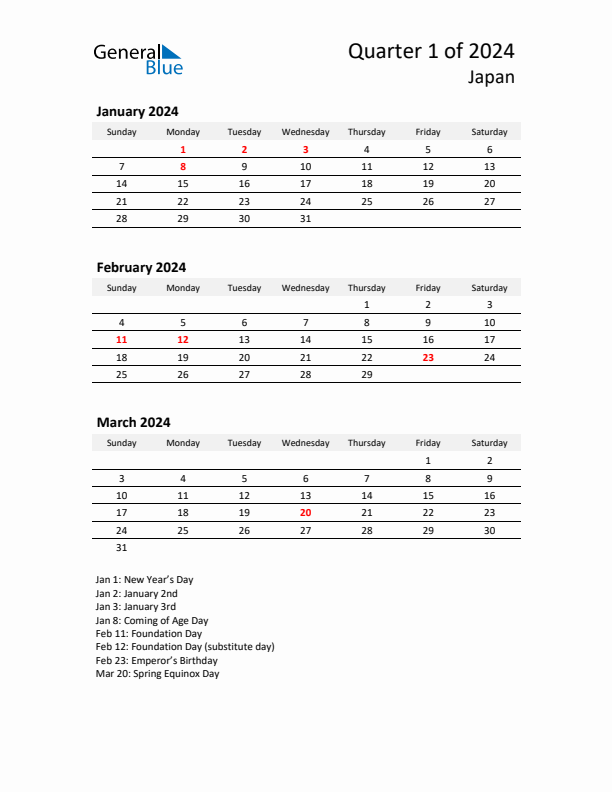 2024 Q1 Three-Month Calendar for Japan