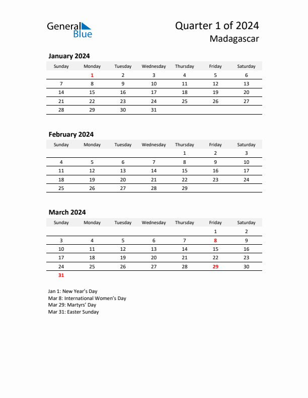 2024 Q1 Three-Month Calendar for Madagascar