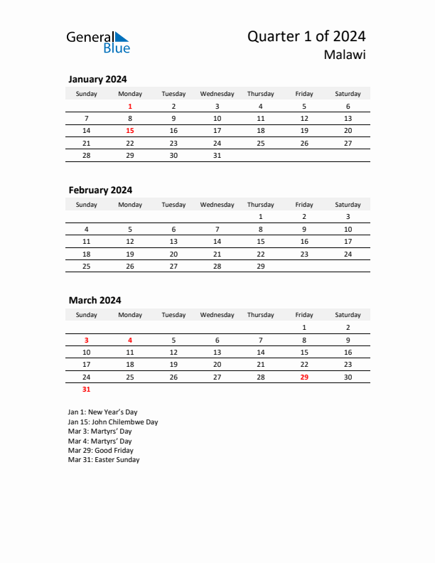 2024 Q1 Three-Month Calendar for Malawi