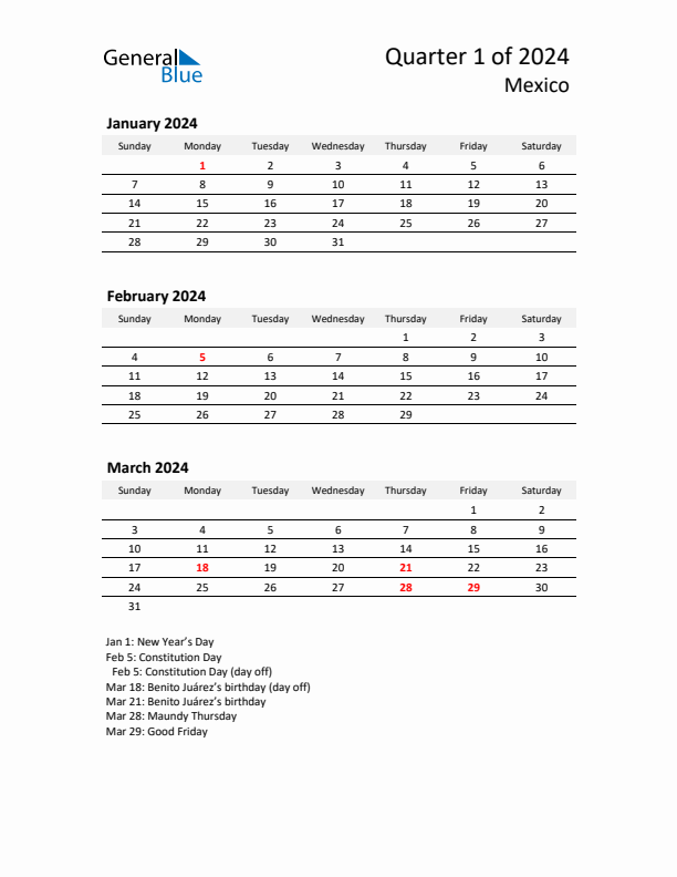 2024 Q1 Three-Month Calendar for Mexico