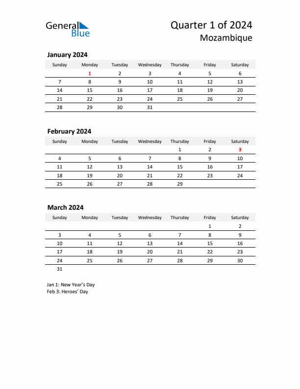 2024 Q1 Three-Month Calendar for Mozambique