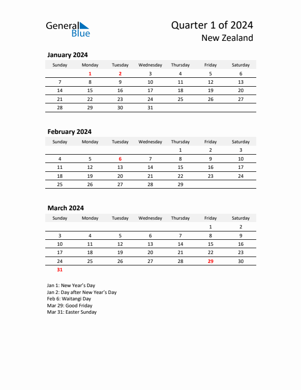 2024 Q1 Three-Month Calendar for New Zealand