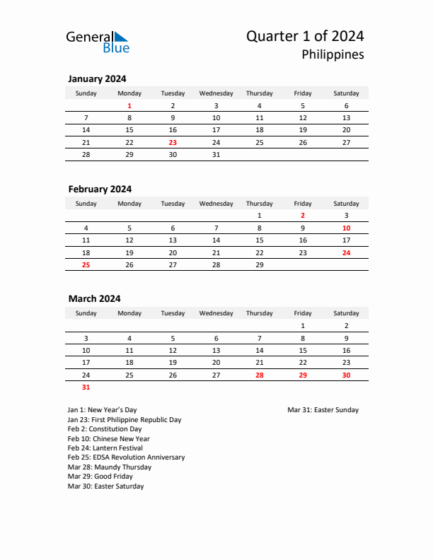 2024 Q1 Three-Month Calendar for Philippines